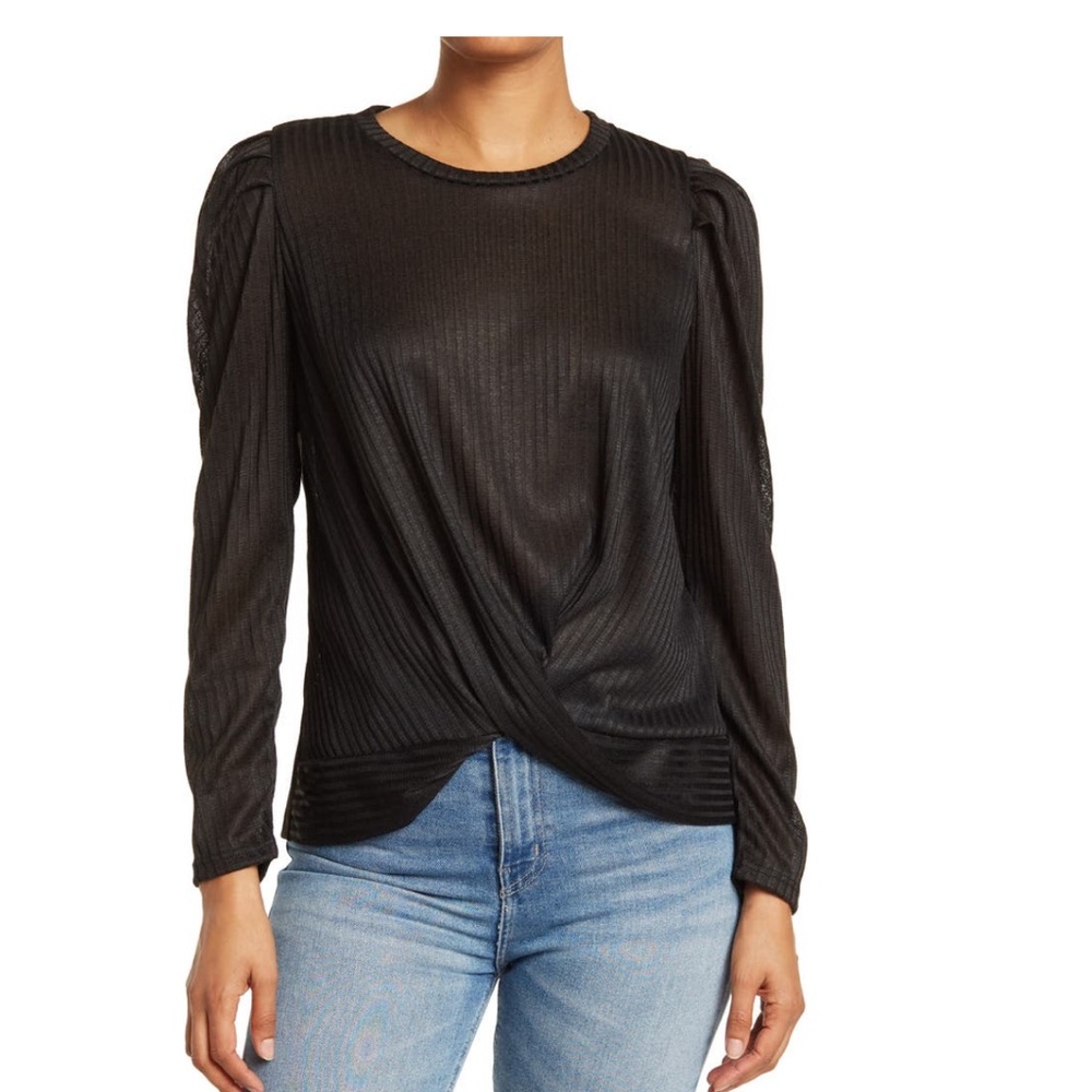 Pleione puff long sleeve ribbed twist front top
